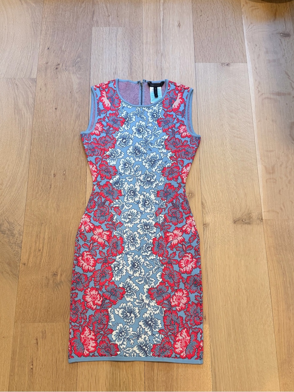 BCBGMAXAZRIA Floral Knit BodyconDressXS Blue Pink Sleeveless Jacquard Midi Dress